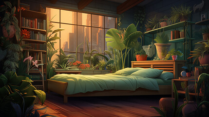 Quarto de dormir com plantas tropicais - Ilustração - obrazy, fototapety, plakaty