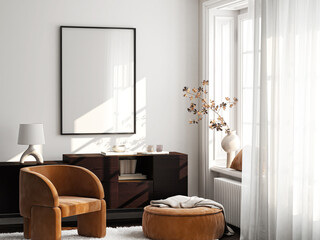Frame mockup, ISO A paper size. Living room wall poster mockup. Interior mockup with house background. Modern interior design. 3D render
- 764241920