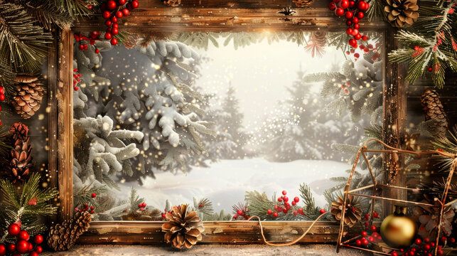 A Christmas scene displayed in a wooden picture frame, featuring festive decorations, snow-covered trees, and a cozy winter atmosphere. Banner. Copy space