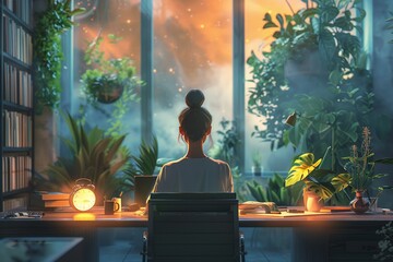A businesswoman finding balance between work and life in a tranquil home office, overlooking a peaceful garden