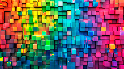 Fototapeta premium A multicolored background filled with squares of different colors, creating a vibrant and dynamic visual pattern. Banner. Gaming digital background. Virtual Reality. Copy space