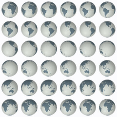 Collection of earth globes. Normal sphere view. Rotation step 10 degrees. Solid color style. World map with sparse graticule lines on lightness background. Fresh vector illustration.