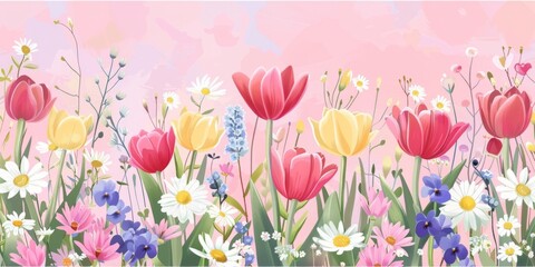 A pastel pink background with spring flowers like tulips, daisies and violets in the foreground A spring meadow scene in the style of nature Generative AI