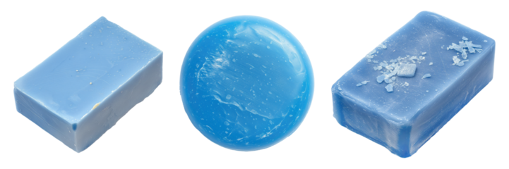 Set of different blue soaps in round and rectangle shapes on a white or transparent background. Homemade soap for washing dishes or hands. Graphic design element.