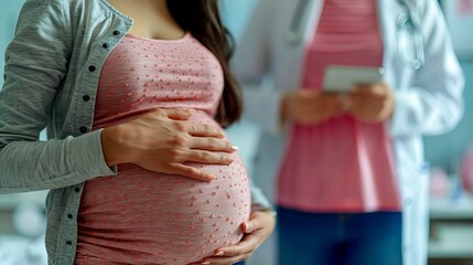 Crop view of pregnant girl's belly in pink dress in doctor's office - obrazy, fototapety, plakaty