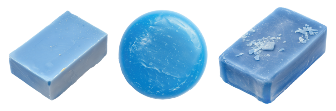 Set of different blue soaps in round and rectangle shapes on a white or transparent background. Homemade soap for washing dishes or hands. Graphic design element. - Powered by Adobe