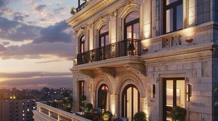 An exclusive boutique building design with a unique facade, intricate details, and luxurious finishes that set it apart as a symbol of modern elegance and sophistication.