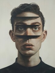 A contemporary surrealist portrait of a man with an optical illusion for a face, blending the boundaries between reality and imagination