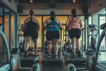 Fat fitness women exercising in fitness gym. exercise, obesity women doing exercise, women doing...