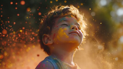 Portrait of cute happy Indian little boy covered with colored powder and celebrating the Holi festival.