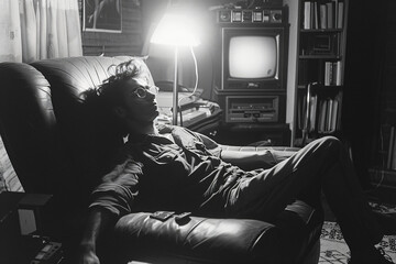 Man reclining in chair with sunglasses watching retro television set. Vintage monochrome home...