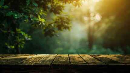 Empty Wooden Table Facing Forest - obrazy, fototapety, plakaty