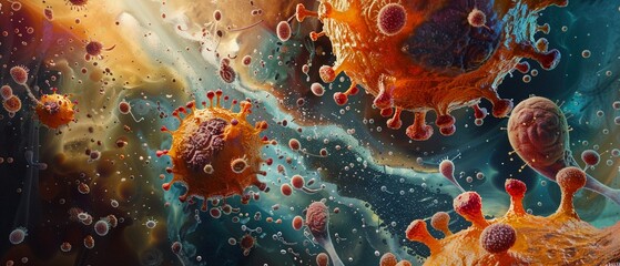 A detailed painting of a human cell, with Vitamin E depicted as tiny shields protecting against oxidative damage - obrazy, fototapety, plakaty