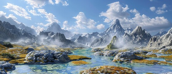 A fantasy landscape where each landform represents a different essential mineral and its source - obrazy, fototapety, plakaty