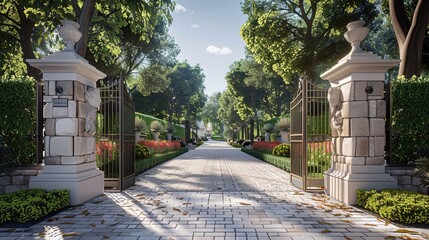Fototapeta premium An exclusive estate gate entrance with a blend of traditional and contemporary elements, such as stone pillars, electronic gates, and landscaped gardens, creating a luxurious welcome.