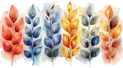 clipart watercolor colorful leaves.
Concept: backdrop for spring events, greeting cards, environmental projects and creative activities, focusing on sustainability and nature - obrazy, fototapety, plakaty