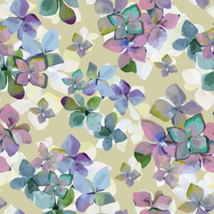vector, seamless repeat pattern of colorful hydrangea bloom on beige background