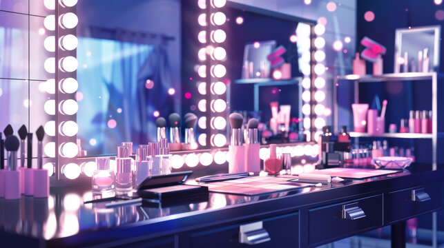 Luxury cosmetics in front of a lighted makeup mirror
