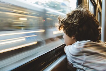 A young boy is looking out the window of a train. The train is moving quickly and the boy is leaning out of the window to get a better view - obrazy, fototapety, plakaty