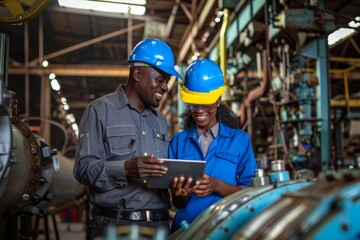 Two black workers are looking at a tablet together. One of them is wearing a yellow helmet. Scene is positive and collaborative