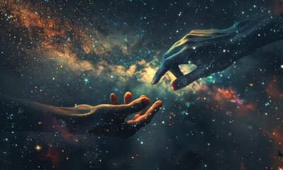 Obraz na płótnie Canvas Two hands reaching out to each other in the galaxy. The image is a representation of the connection between two people