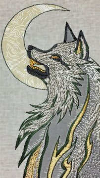 A picture of a wolf with the moon in the background, embroidery on white background