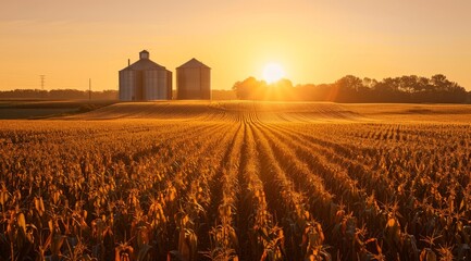 A field of corn is shown with the sun setting in the background. The sun is shining brightly on the corn, making it look golden and ripe. The scene is peaceful and serene