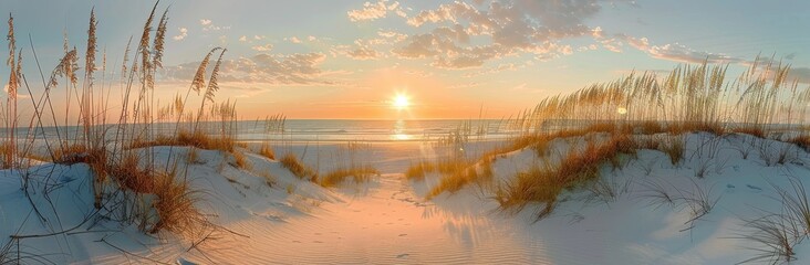 A beach scene with a sunset in the background. The beach is lined with tall grass and the water is calm - obrazy, fototapety, plakaty