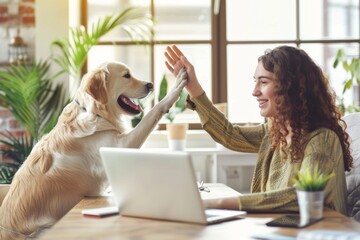 A woman is giving a high five to a dog. The dog is standing on a table next to a laptop