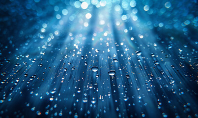 Macro photography of raindrops on glass with bokeh lights. Abstract water droplets background for...
