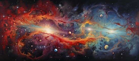 A painting depicting a vibrant and colorful galaxy filled with planets and shimmering stars in space