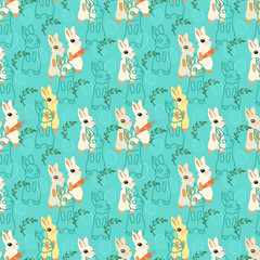 Easter bunny seamless pattern on a green background