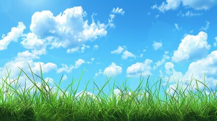 Fototapeta premium Grassy Field With Blue Sky and Clouds