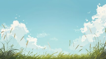 Grass and Clouds Painting in Blue Sky