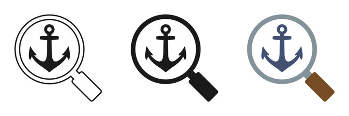 Set of magnifying glass icons with anchor, illustration