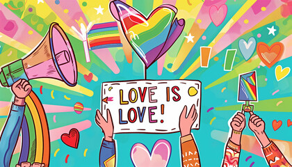 Illustration of lgbt pride festival with rainbow flag, transgender flag and love is love banner