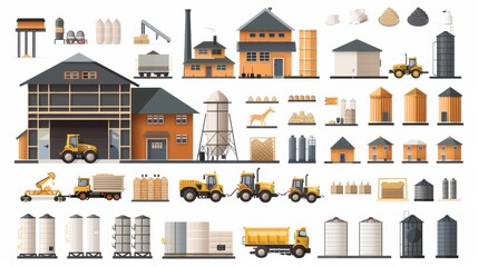 Icon set of farm structures and machinery - obrazy, fototapety, plakaty