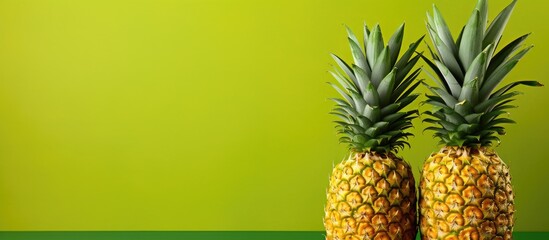 Two pineapples on table with green backdrop