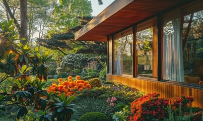 A contemporary wooden cabin with large windows overlooking a serene spring garden filled with vibrant flowers and lush vegetation