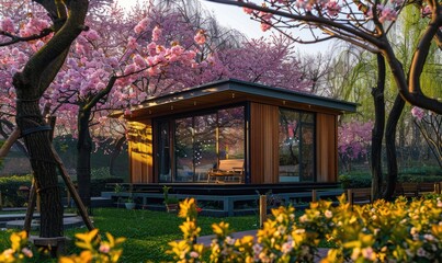 A cozy modern wooden cabin in cherry blossom trees and lush greenery in a spring garden