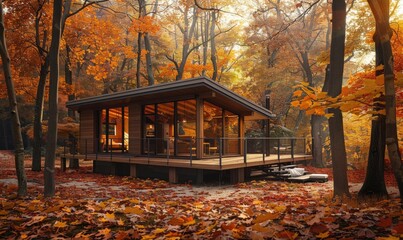 A cozy modern wooden cabin surrounded by colorful autumn foliage