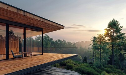 A contemporary wooden cabin with large windows overlooking a serene woodland landscape