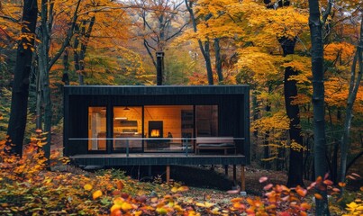 A cozy modern wooden cabin surrounded by colorful autumn foliage