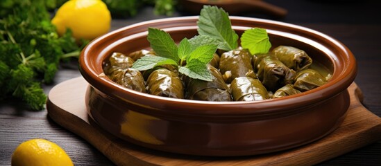 Bowl filled with vine leaves, lemons, and herbs