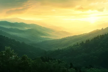 Fotobehang Mountain Range Silhouetted by Sunset © BrandwayArt
