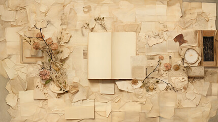 Romantic Paper Collage with Vintage Book and Pressed Flowers, Artistic Composition with Space for text 
