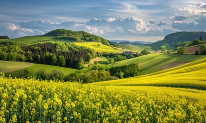 A picturesque countryside scene with rolling hills blanketed in vibrant yellow rapeseed flowers, spring nature, fields and meadows - obrazy, fototapety, plakaty