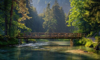 Obraz premium A rustic wooden bridge spanning over a crystal-clear spring river