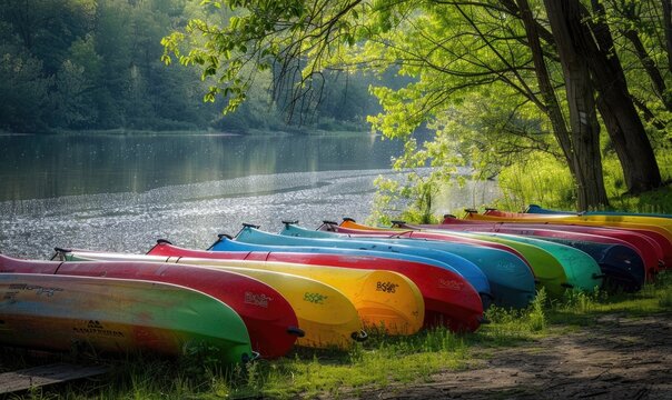 A row of colorful canoes parked beside a sparkling spring river