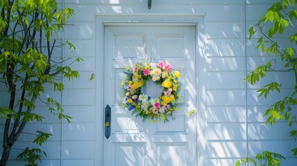 a porch adorned with a white front door, embellished with a Spring wreath featuring Easter motifs like eggs, flowers, and bunnies, against a backdrop of rich spring colors.